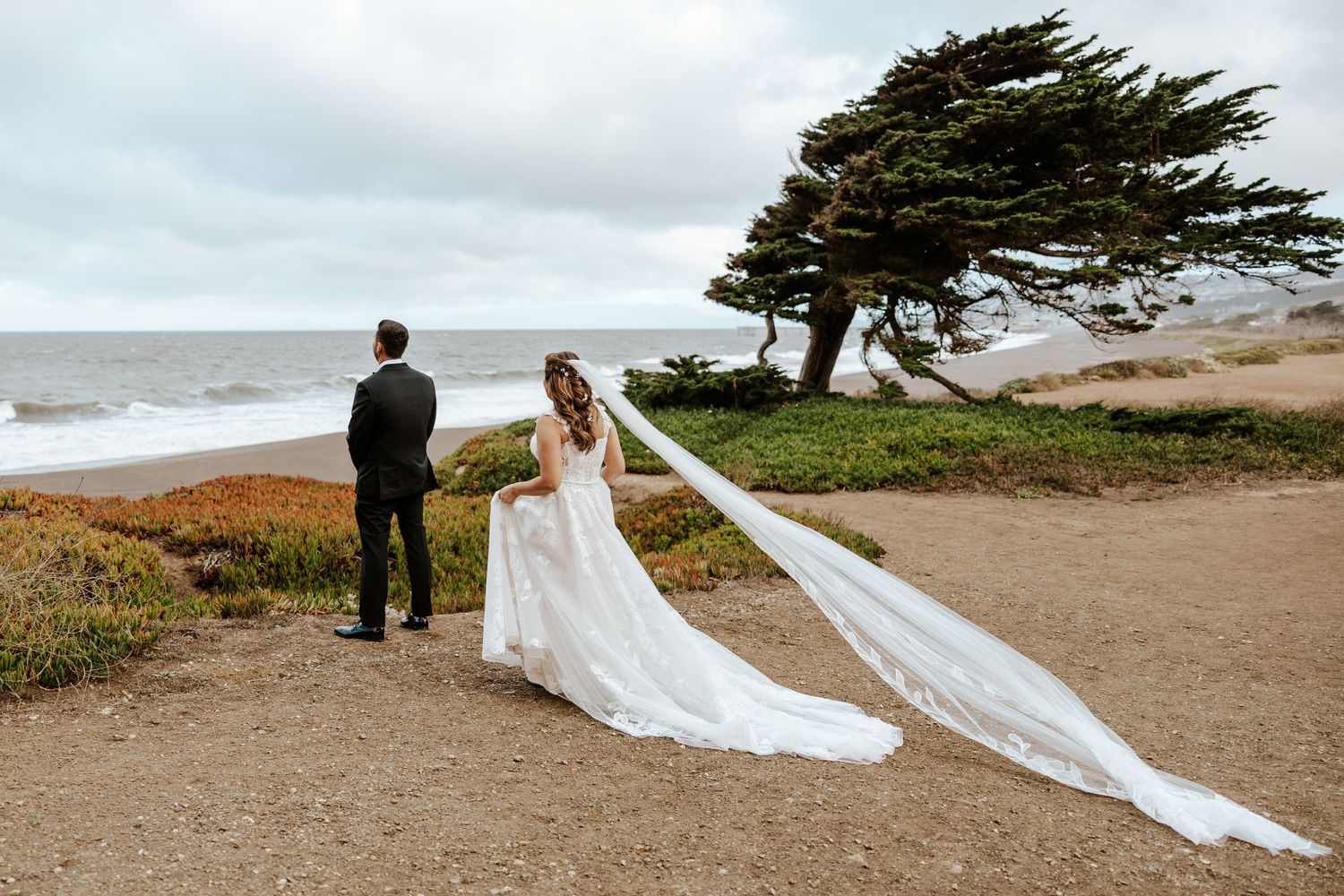 first look for wedding couple eloping in pacifica, california on their elopement day