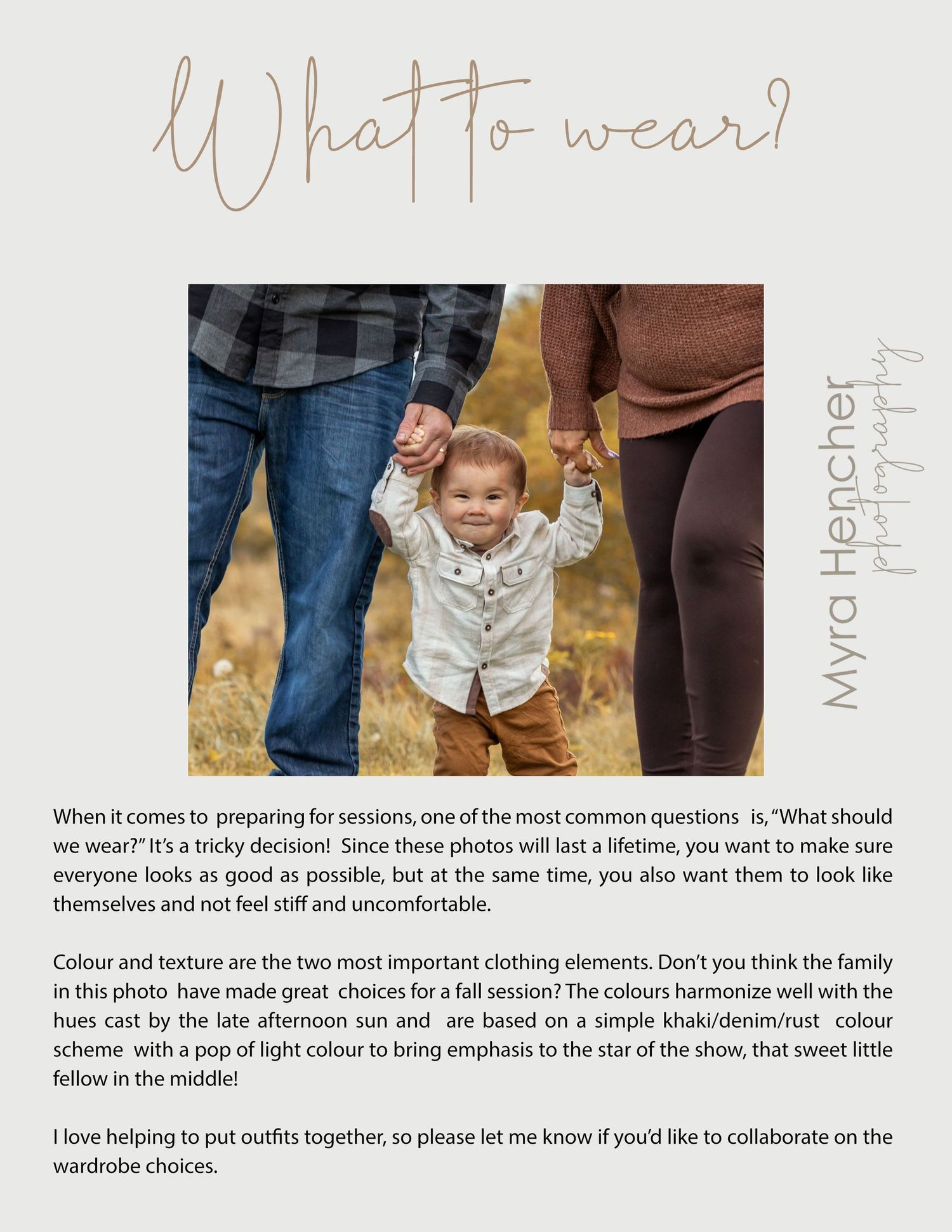 Style guide page showing family photo with text about what to wear for photo sessions.