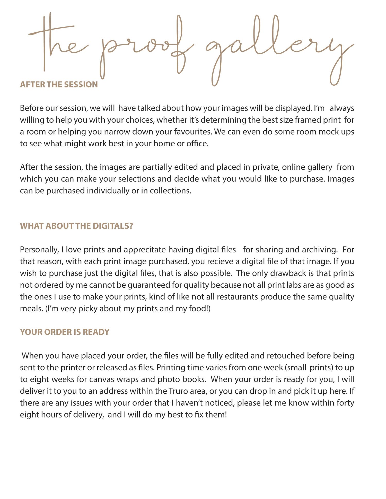 Text layout explaining proof gallery services and photo print ordering process on white background.