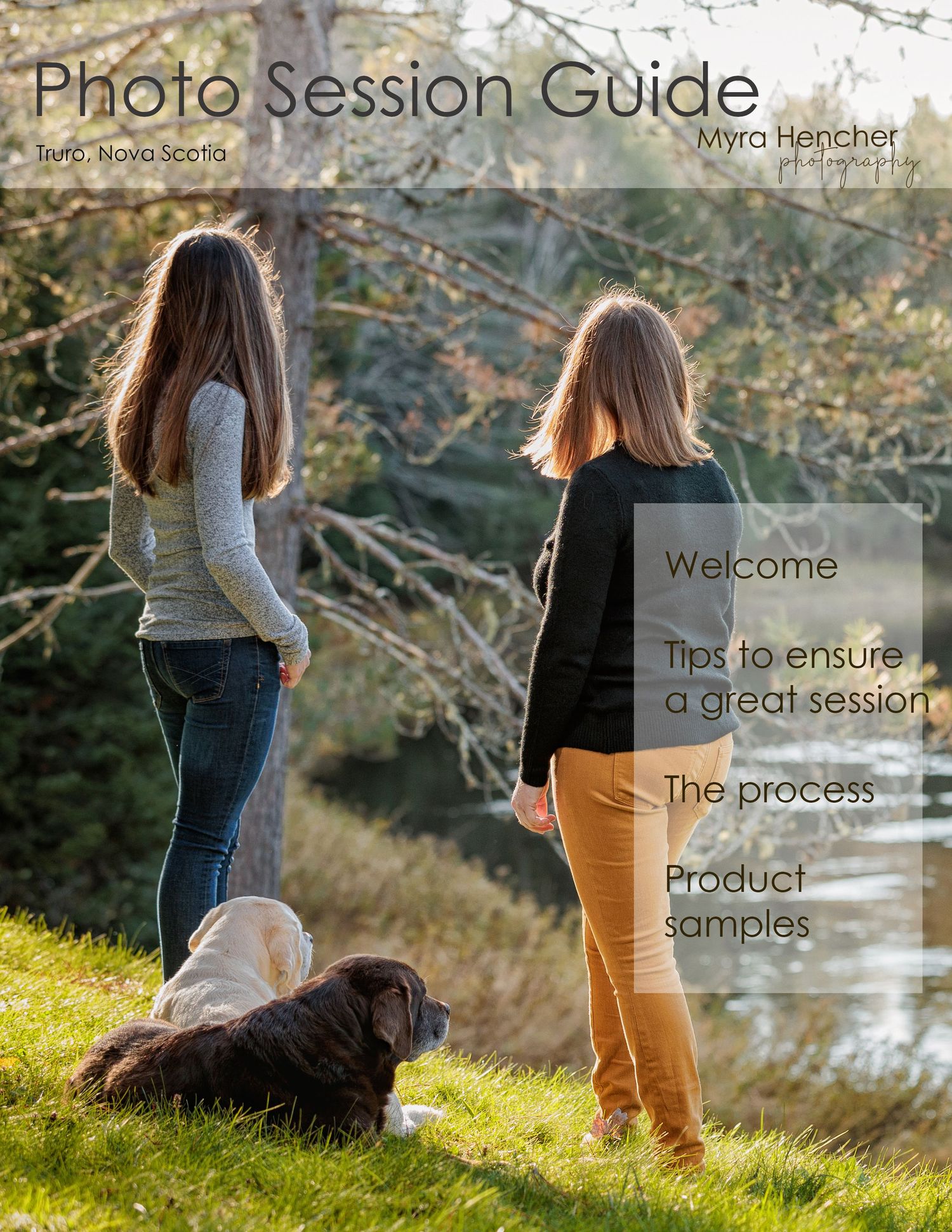 Photo session guide cover showing two people walking with a dog in a natural outdoor setting.