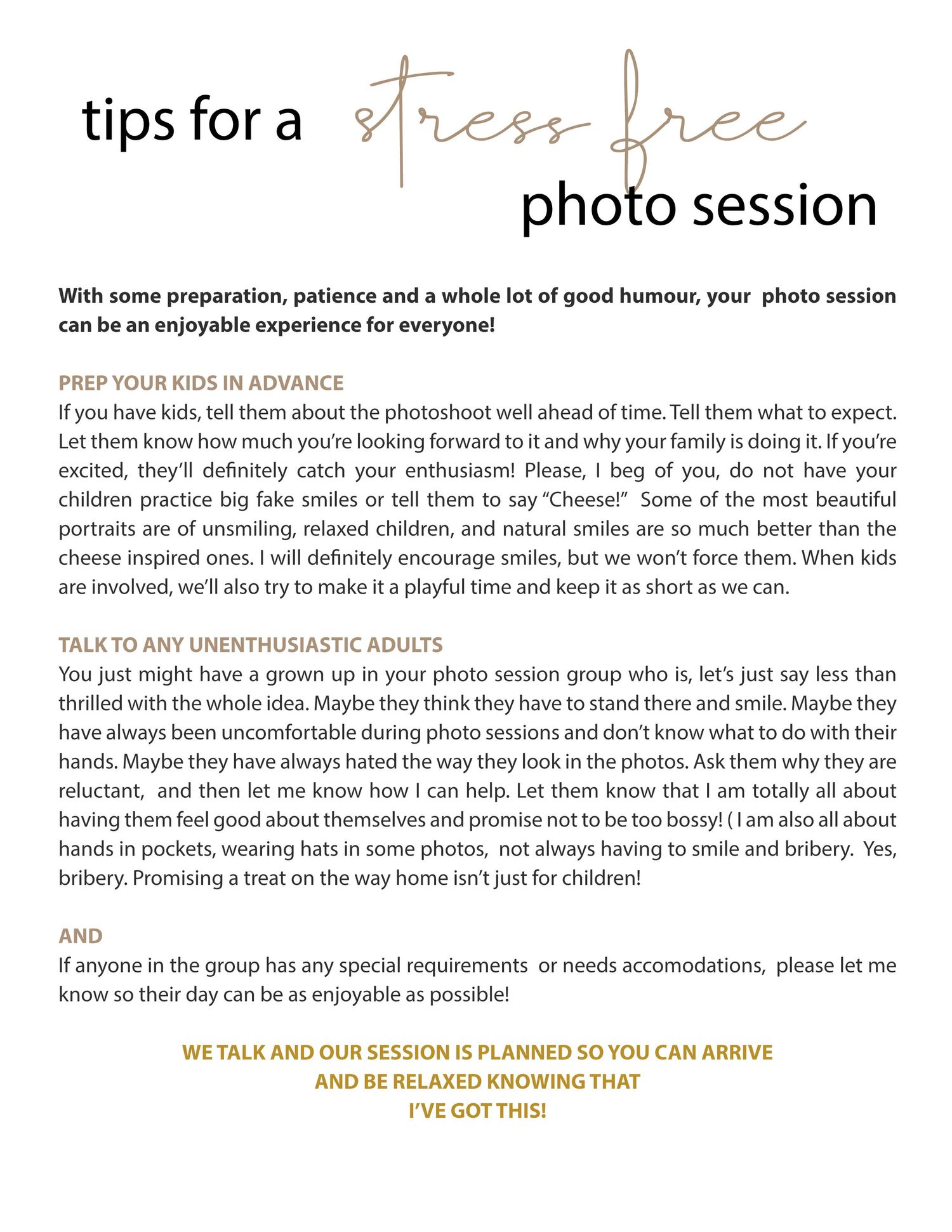 Guide page with tips for stress-free photo sessions with text layout on white background.