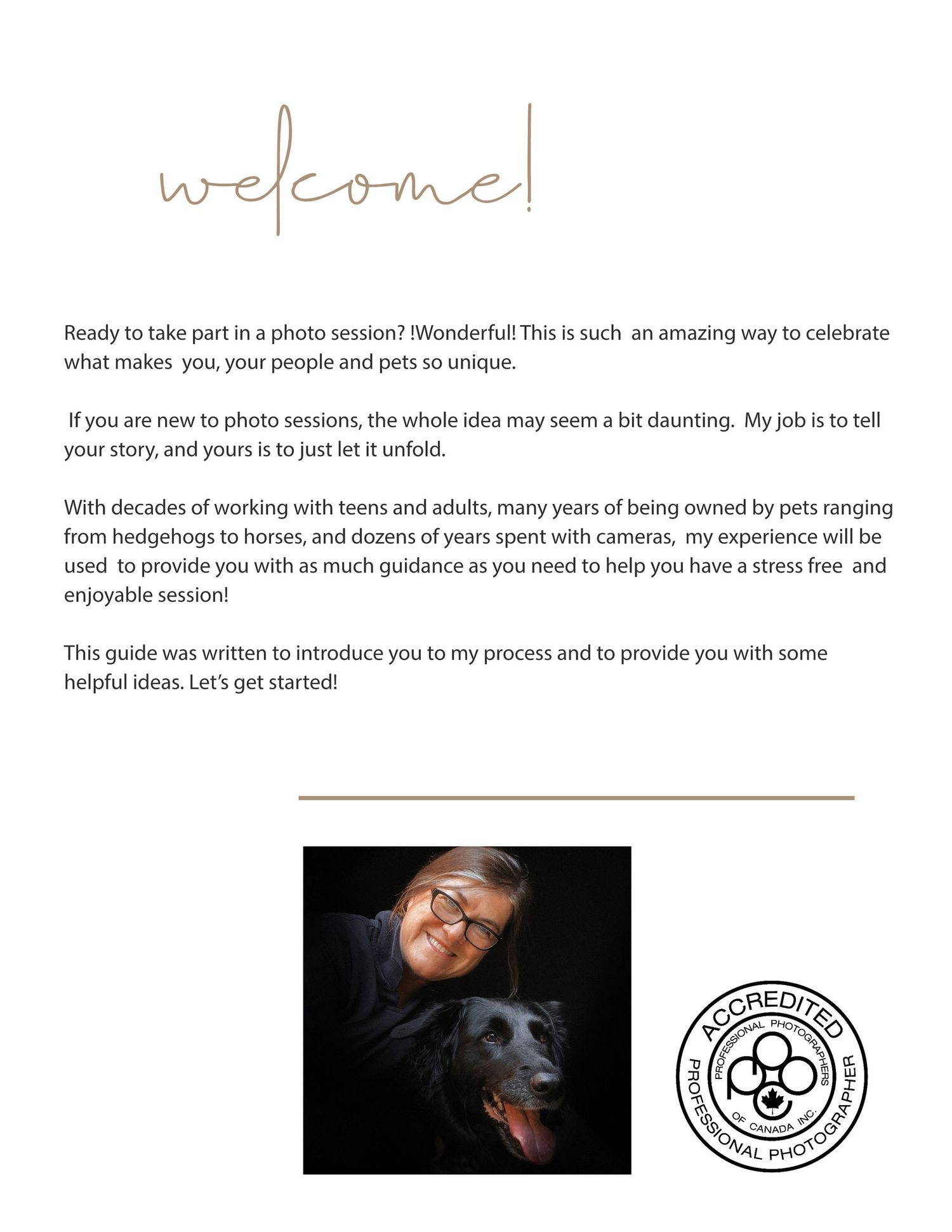 Welcome page of photo guide with handwritten text and circular logo at bottom.