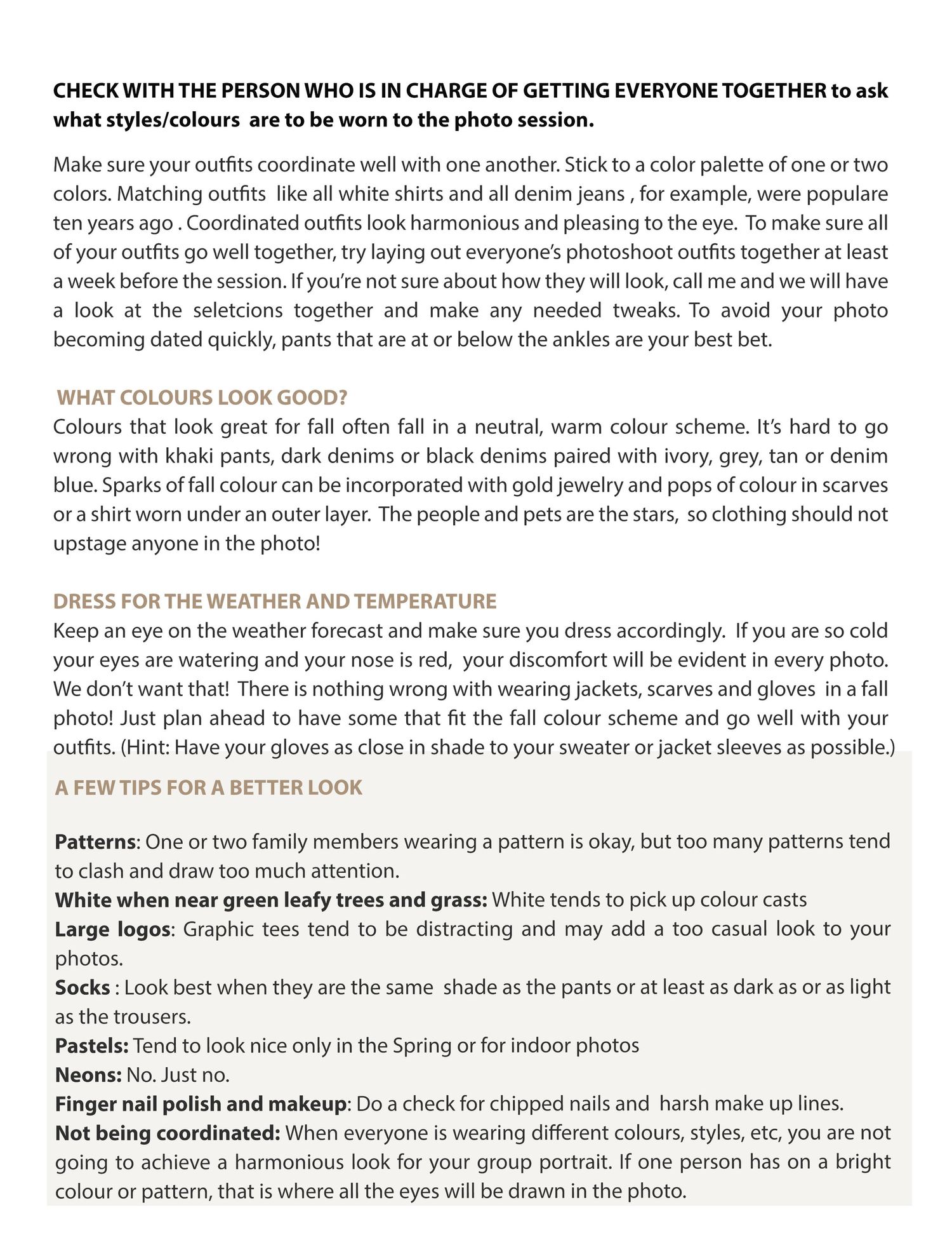 Detailed clothing and coordination guide for family photo sessions with bullet points.