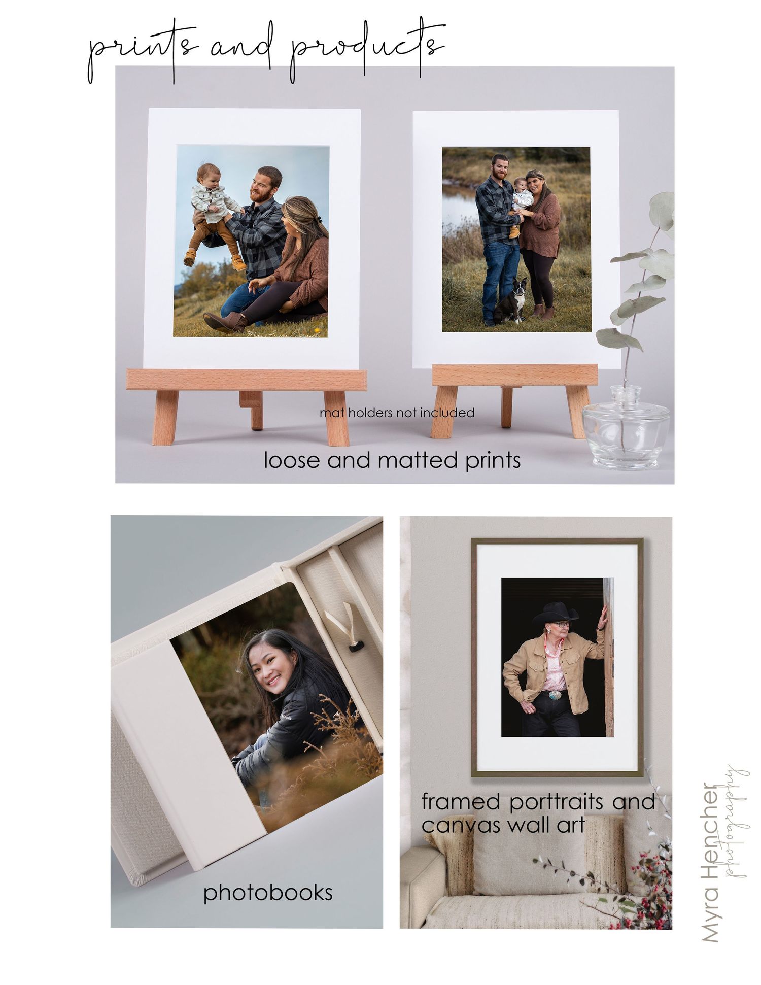 Product display showing various photo print options including loose prints, photobooks and framed wall art.