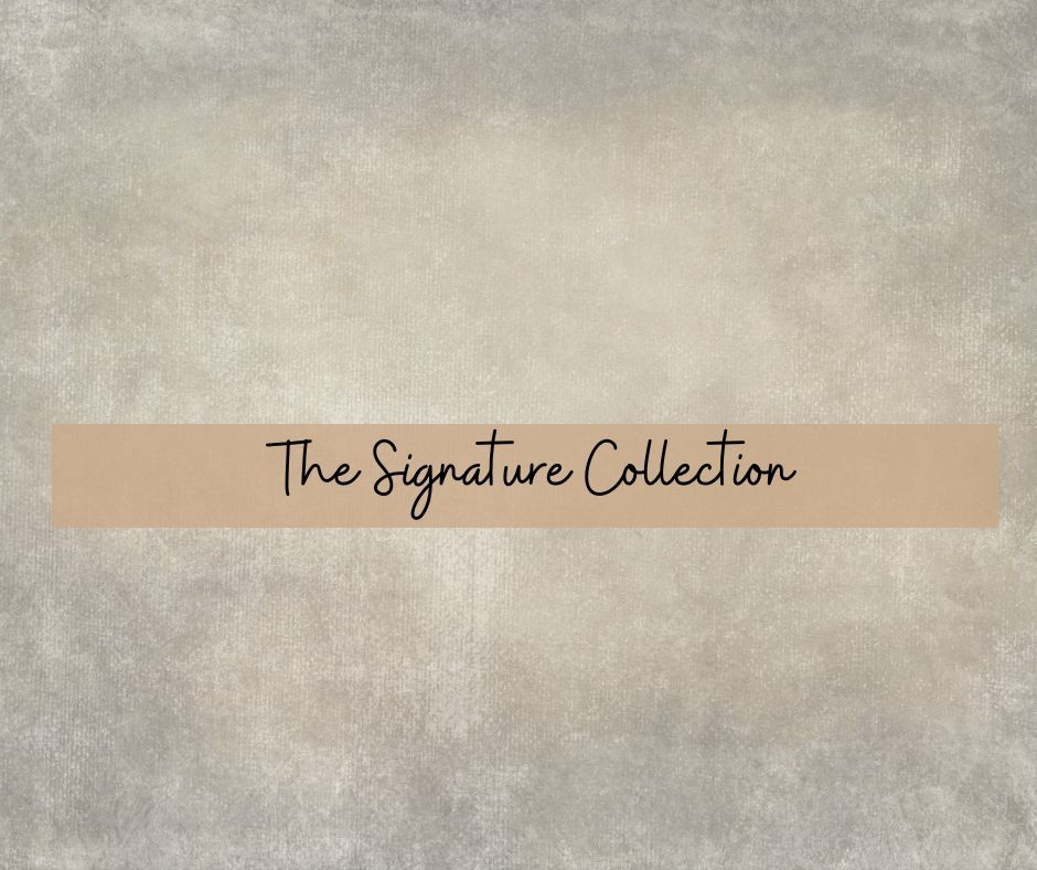 A beige banner with elegant black text reading 'The Signature Collection' against a textured gray background.