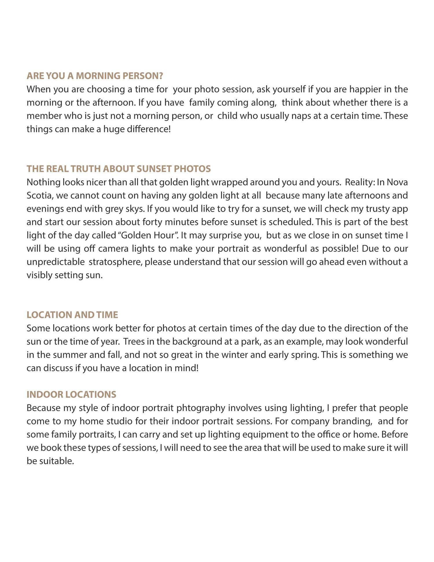 Information page about choosing optimal photo session timing and lighting conditions.
