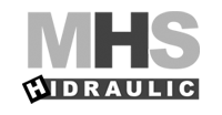 Black and gray MHS Hidraulic company logo design with angled text and small square icons.
