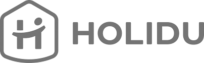 Two minimalist logo designs for Holidu showing a house icon and company name in gray and teal colors.