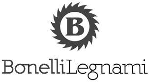 Black circular saw blade logo with letter B and Bonelli Legnami company name below in modern typography.