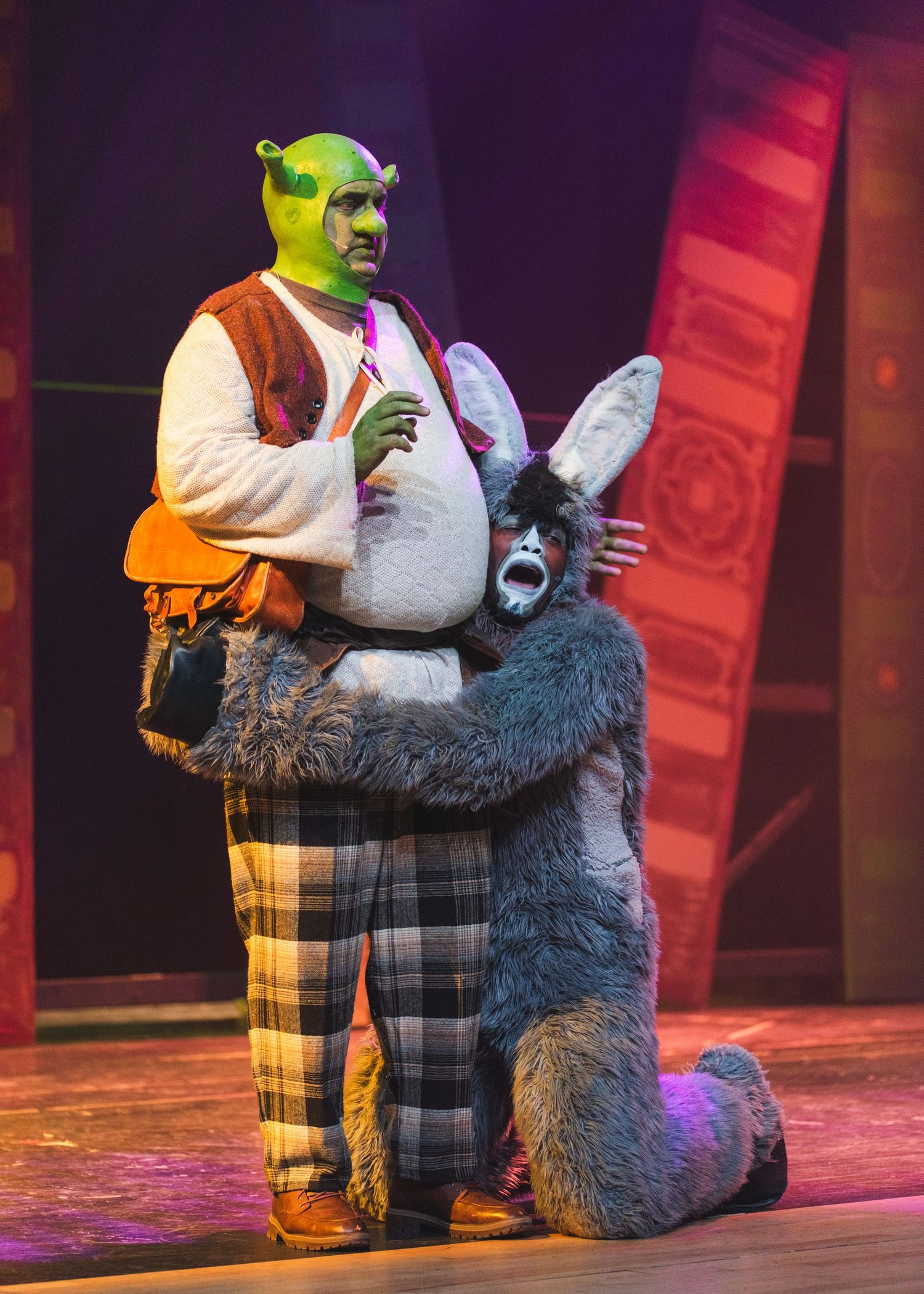 A photo from a production of Shrek the Musical. The actors playing Shrek and Donkey are featured.