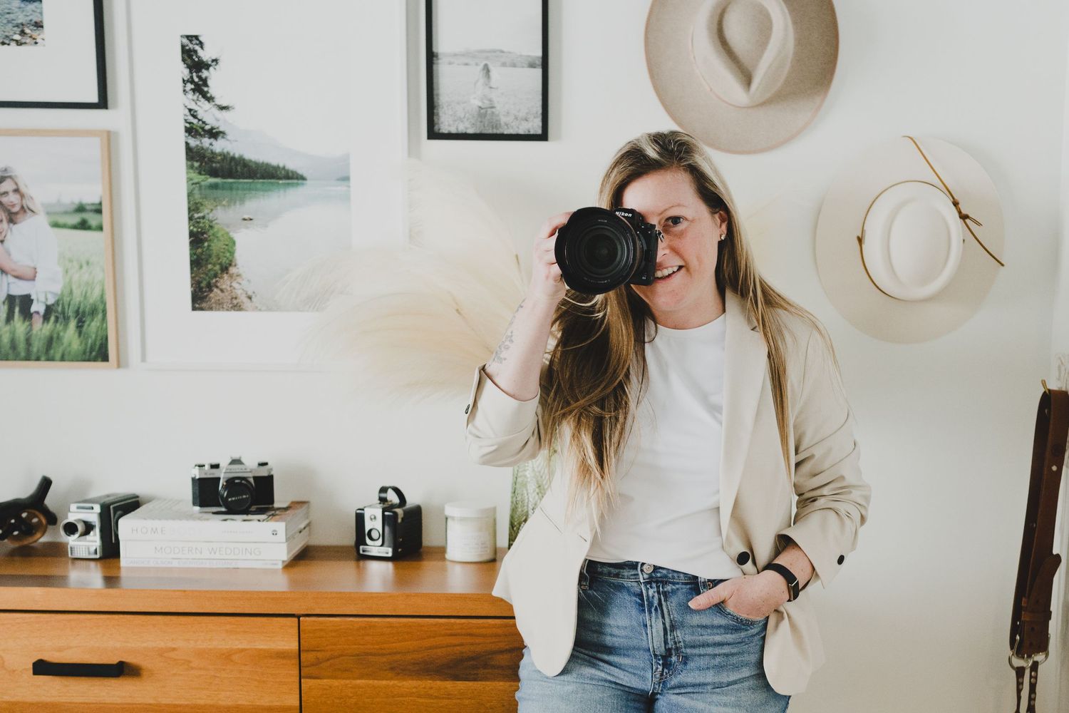 A collage of lifestyle images showing casual outfits, home decor, and interior design elements in neutral tones.