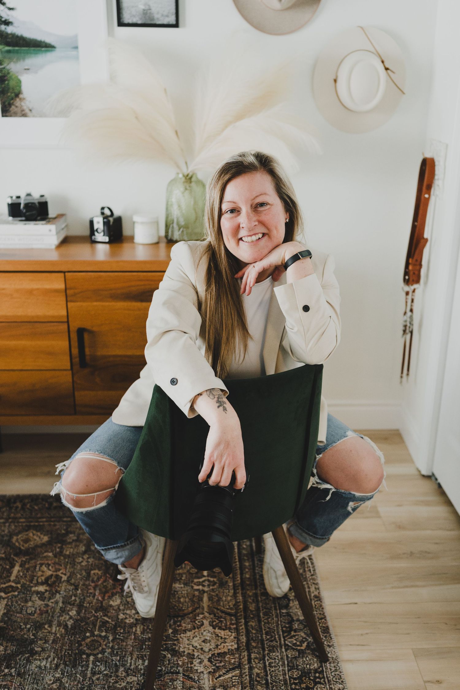 A series of casual lifestyle photos showing someone seated in a dark chair against a light wall with wood furniture.