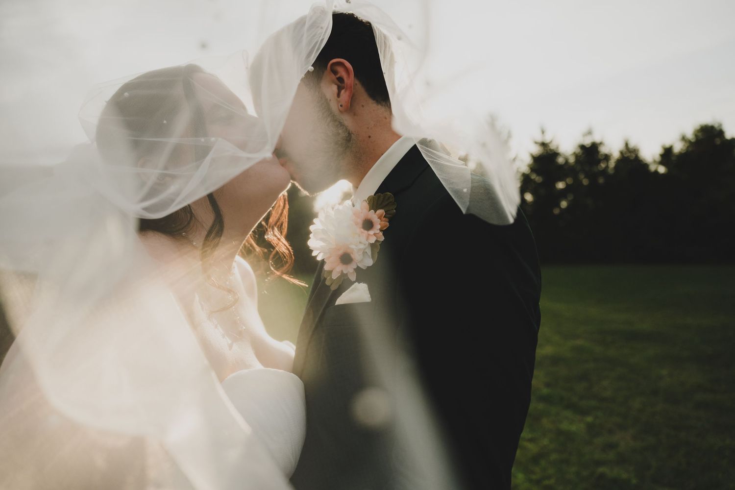 Romantic wedding couple embraces in golden sunlight across multiple artistic shots in outdoor settings.