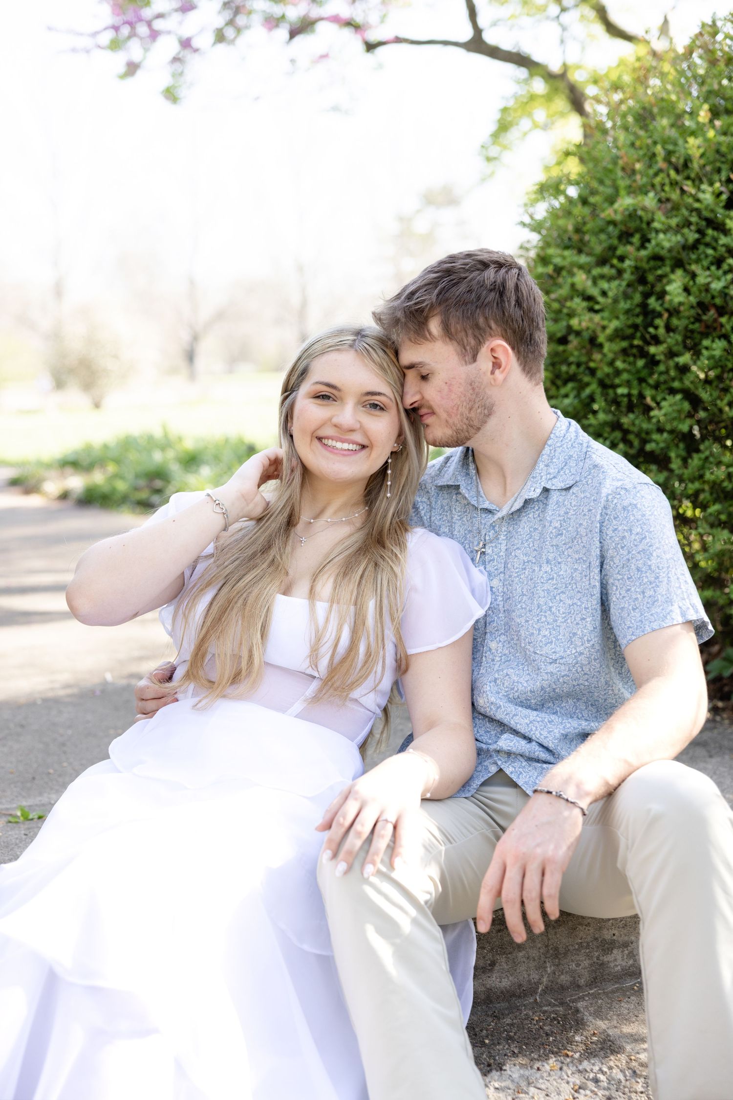Cincinnati engagement session at Ault Park with light and airy style, capturing joyful, natural moments in a spring park setting