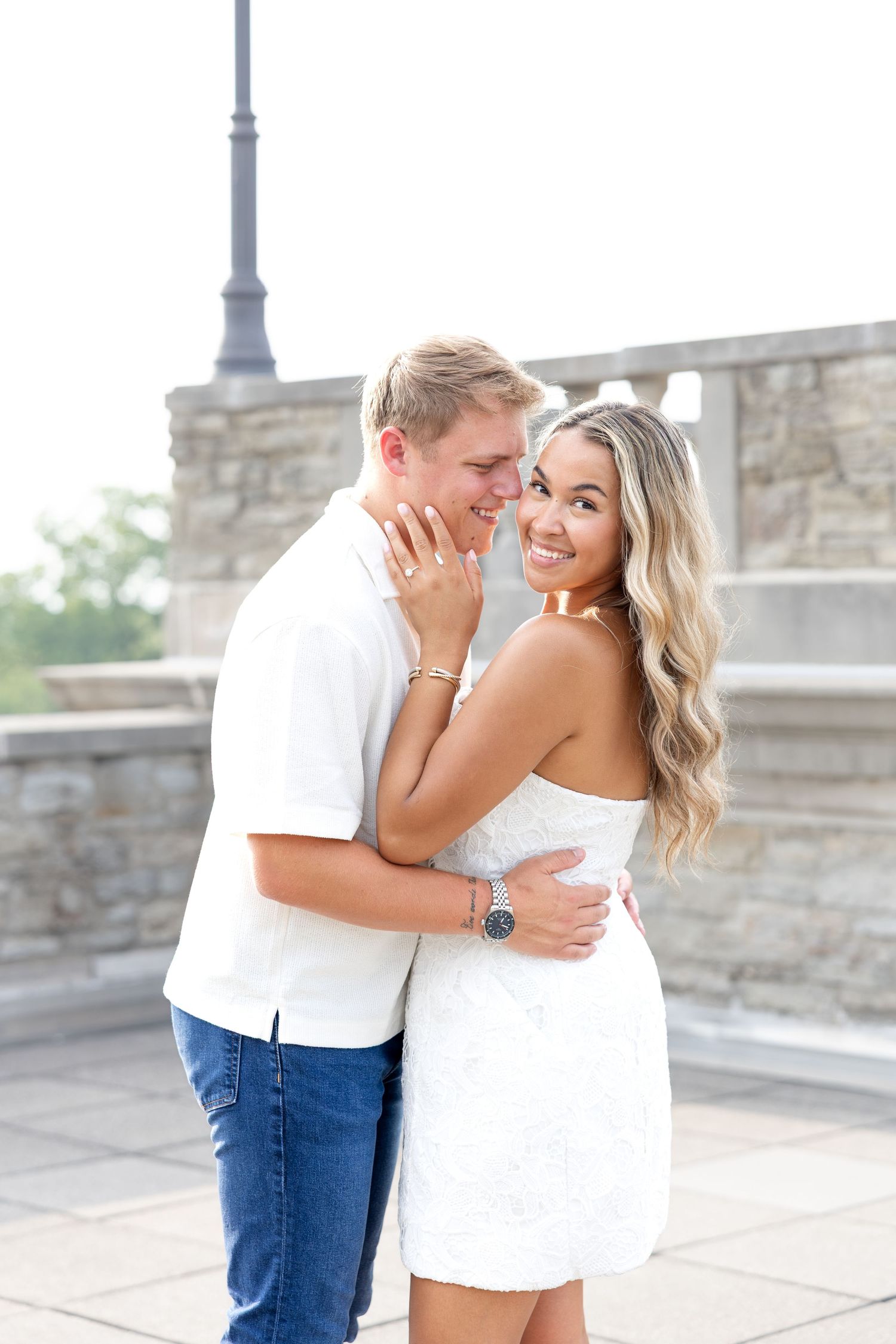 Romantic Ault Park engagement photos in Cincinnati, Ohio by Julia & Sean Photography, capturing a joyful couple during a golden hour engagem