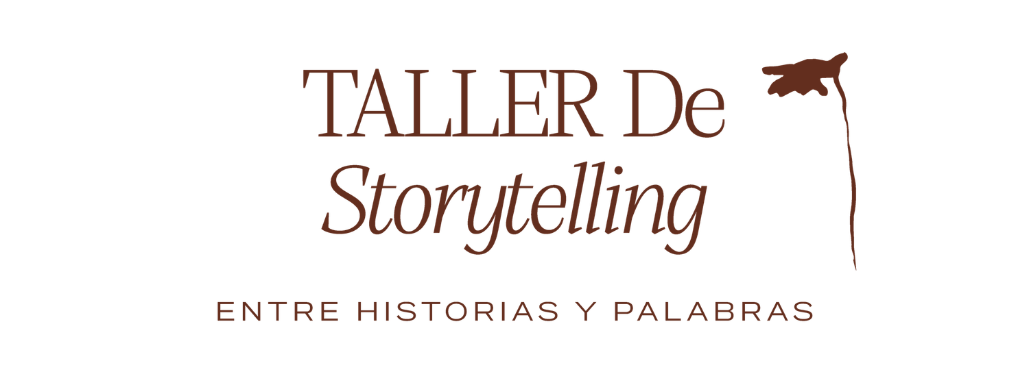 Brown logo design with text 'Taller de Storytelling' and book icon in vintage style.