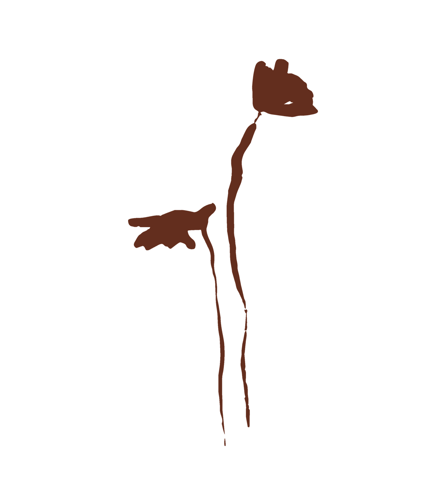 A minimalist line drawing of a person walking with a coffee cup in a simple brown ink style.