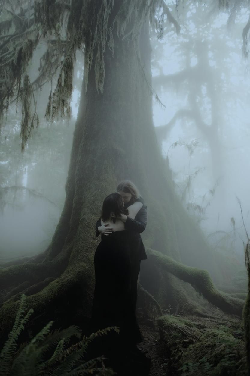 Misty forest scene with large mossy tree trunks and ethereal fog creating a mystical atmosphere.