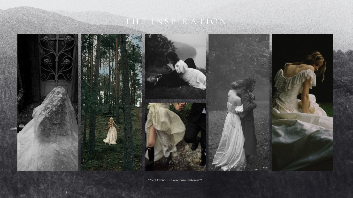 A dramatic black and white photo montage showing multiple scenes of a person in a long dress walking through nature.