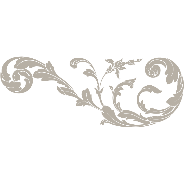 Elegant beige baroque floral scroll ornament with intricate swirling leaves and acanthus design on white background.