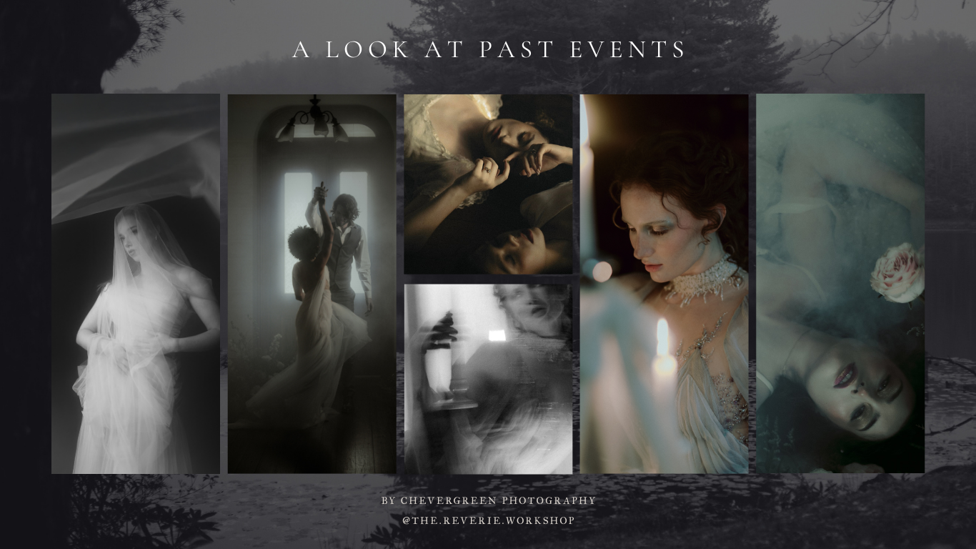A moody collage of black and white artistic photographs arranged in a horizontal filmstrip layout.