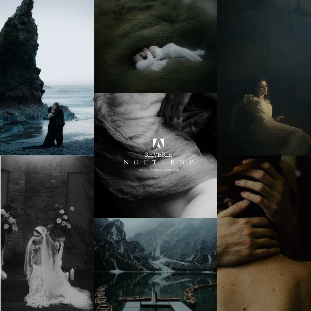 Artistic collage featuring moody landscapes and intimate moments in dark tones.