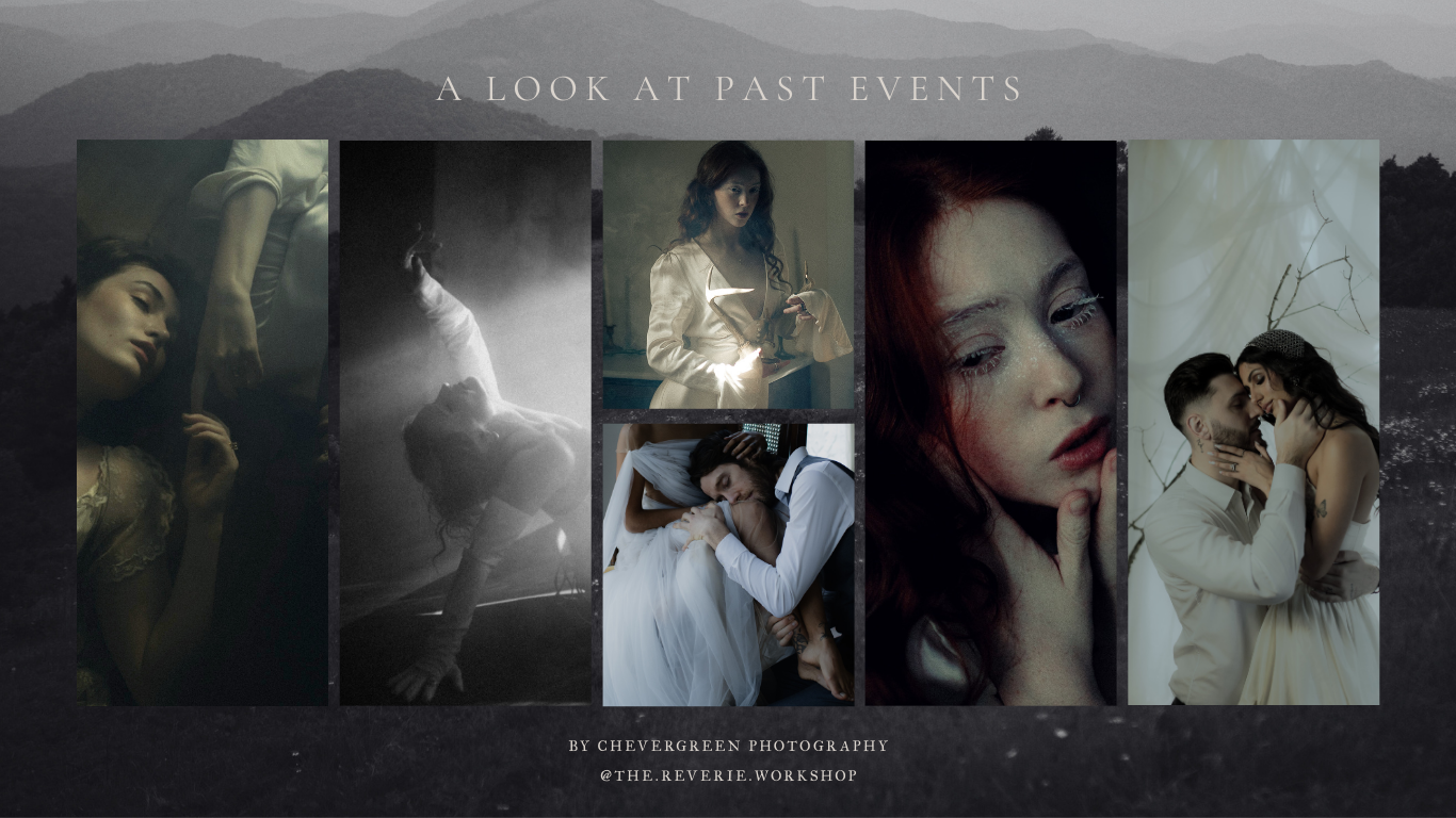 A moody collage of five romantic vintage-style photographs in muted tones showing intimate couples and portraits.