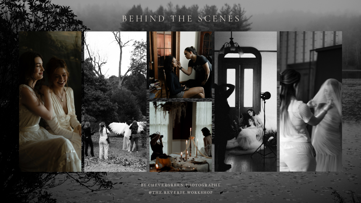 A series of black and white wedding photographs showing intimate moments and preparations in soft natural light.