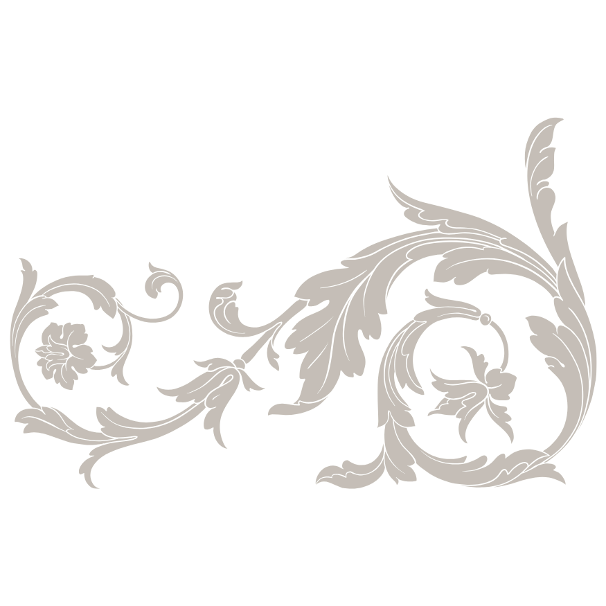 Decorative gray floral scroll design with elegant swirls and leaf patterns forming a horizontal border ornament.