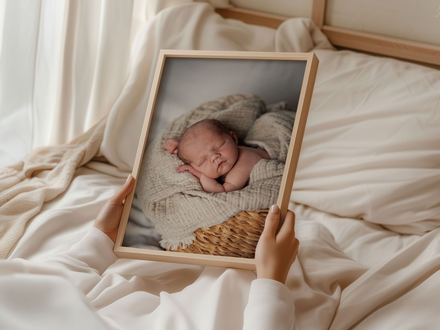 Hands hold framed photograph of sleeping newborn baby on white textured blanket background.