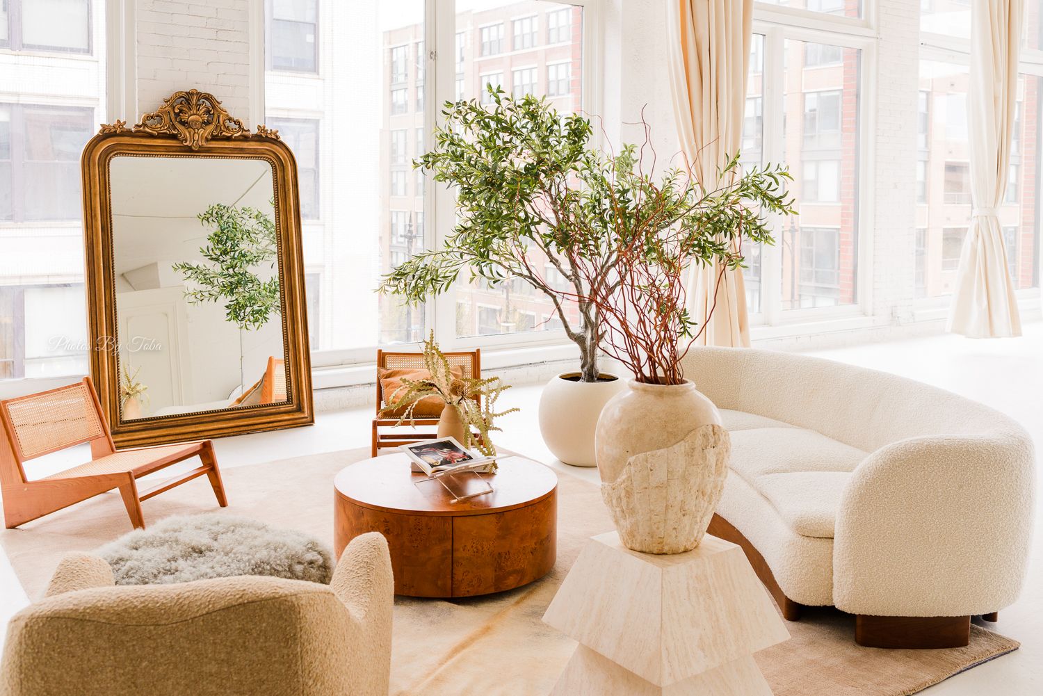 Bright living room with ornate gold mirror, curved white sofa and potted tree in earthen vase beside large windows.Photos By Toba, Chicago.