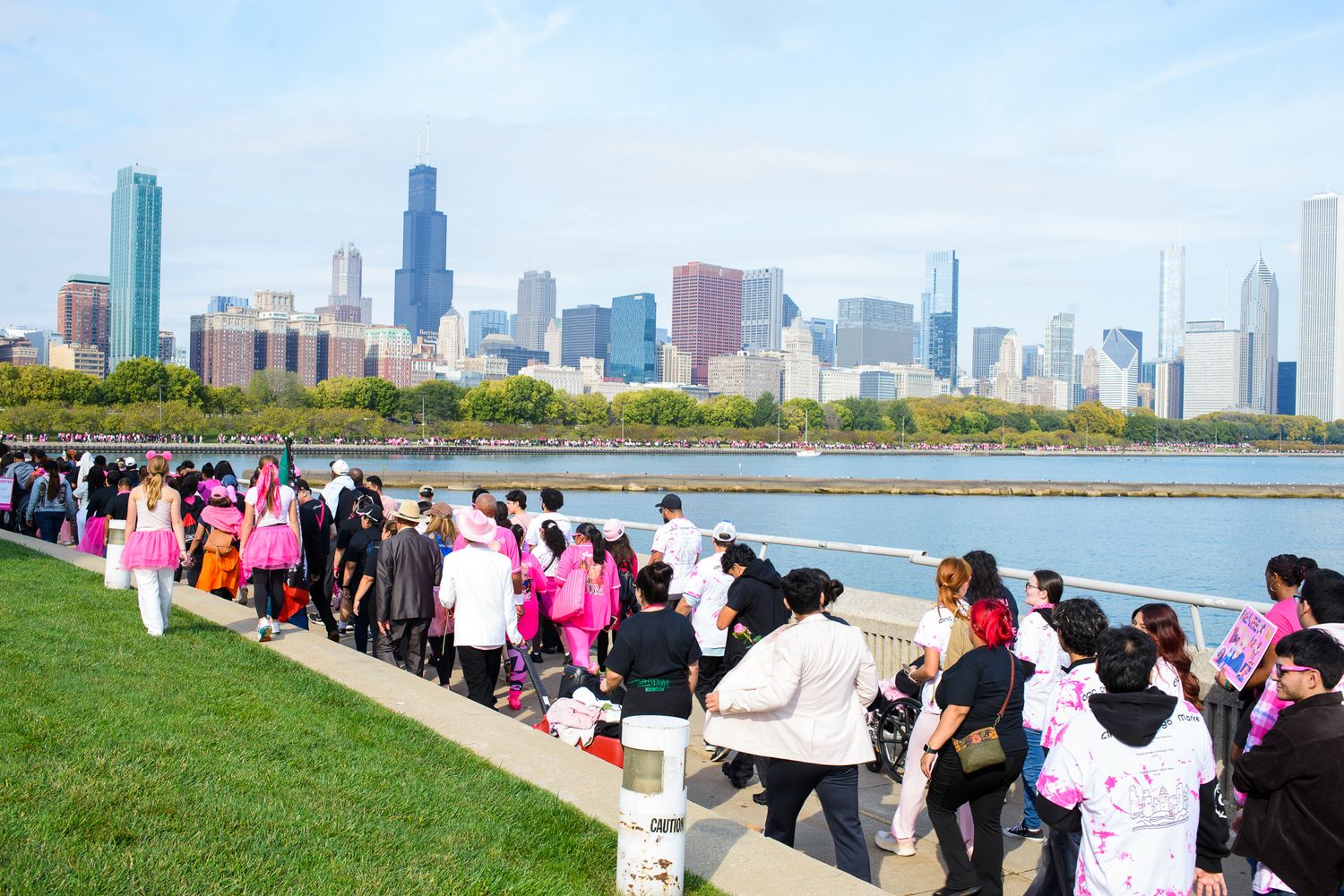 People walking along Lake Michigan with Chicago skyline in background during charity walk event.