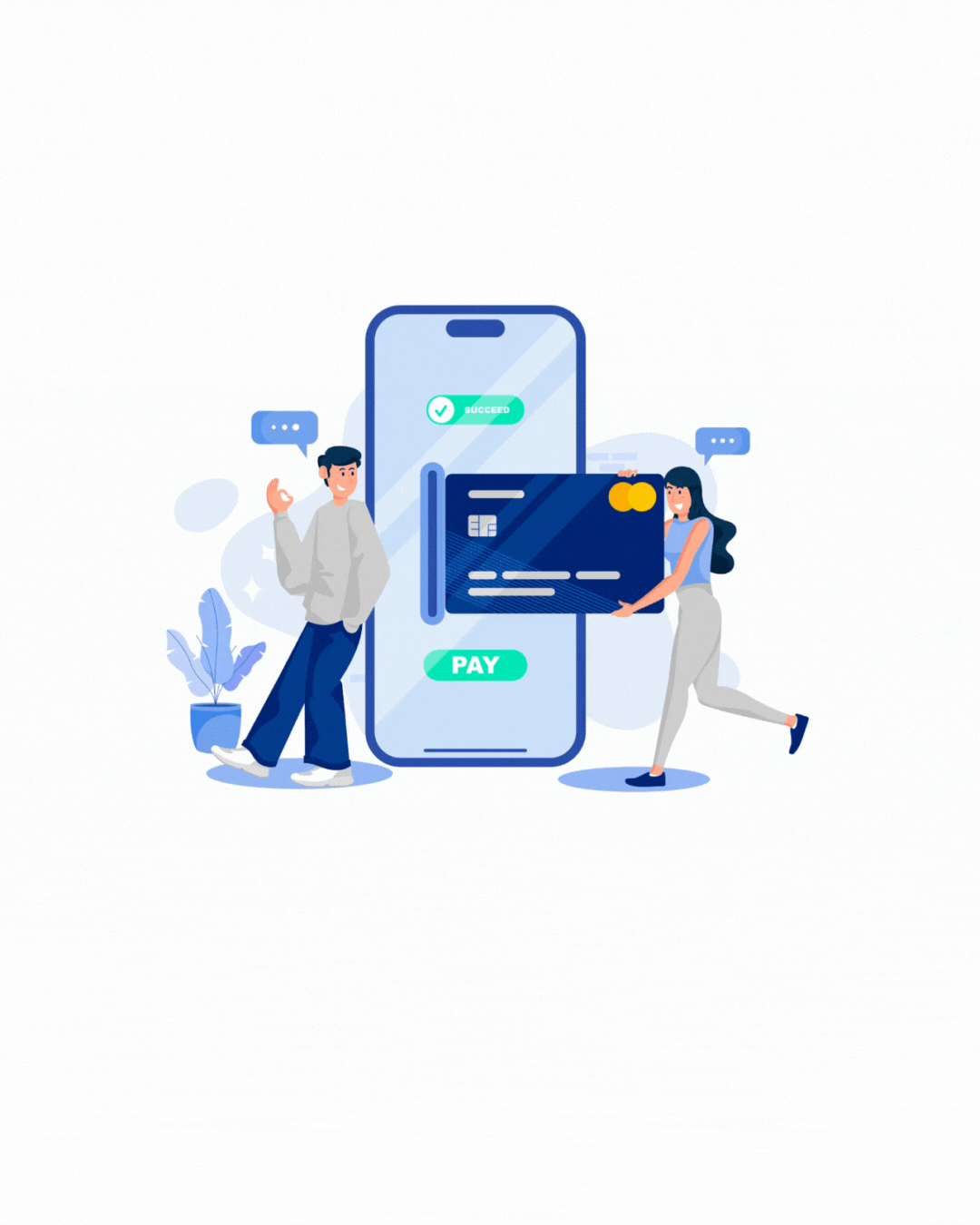 Illustration of mobile payment concept showing people interacting with a large smartphone and credit card interface.