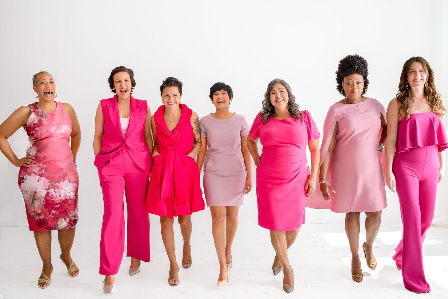 A series of pink fashion photos arranged in a horizontal strip showing various clothing styles and poses.