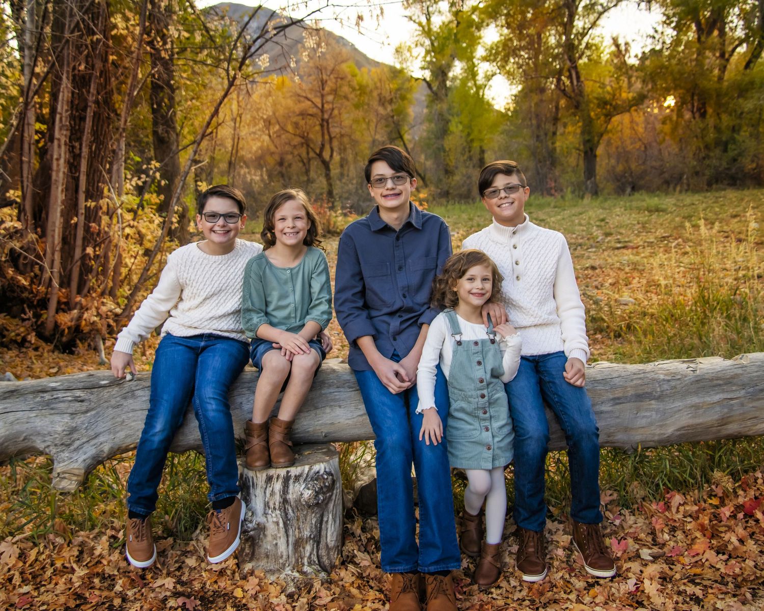 Group sitting on fallen log in autumn forest with golden leaves and mountain backdrop.