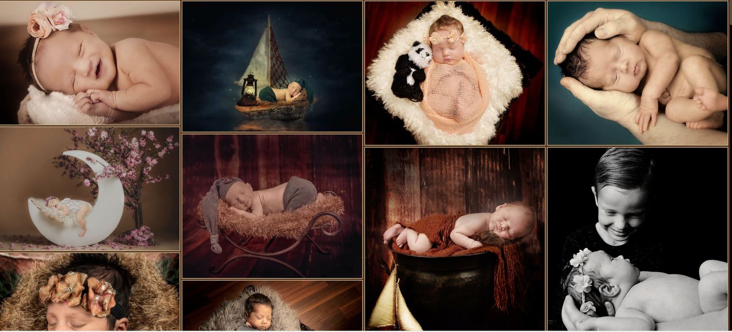 Collection of artistic newborn and baby photography portraits arranged in a horizontal grid layout.
