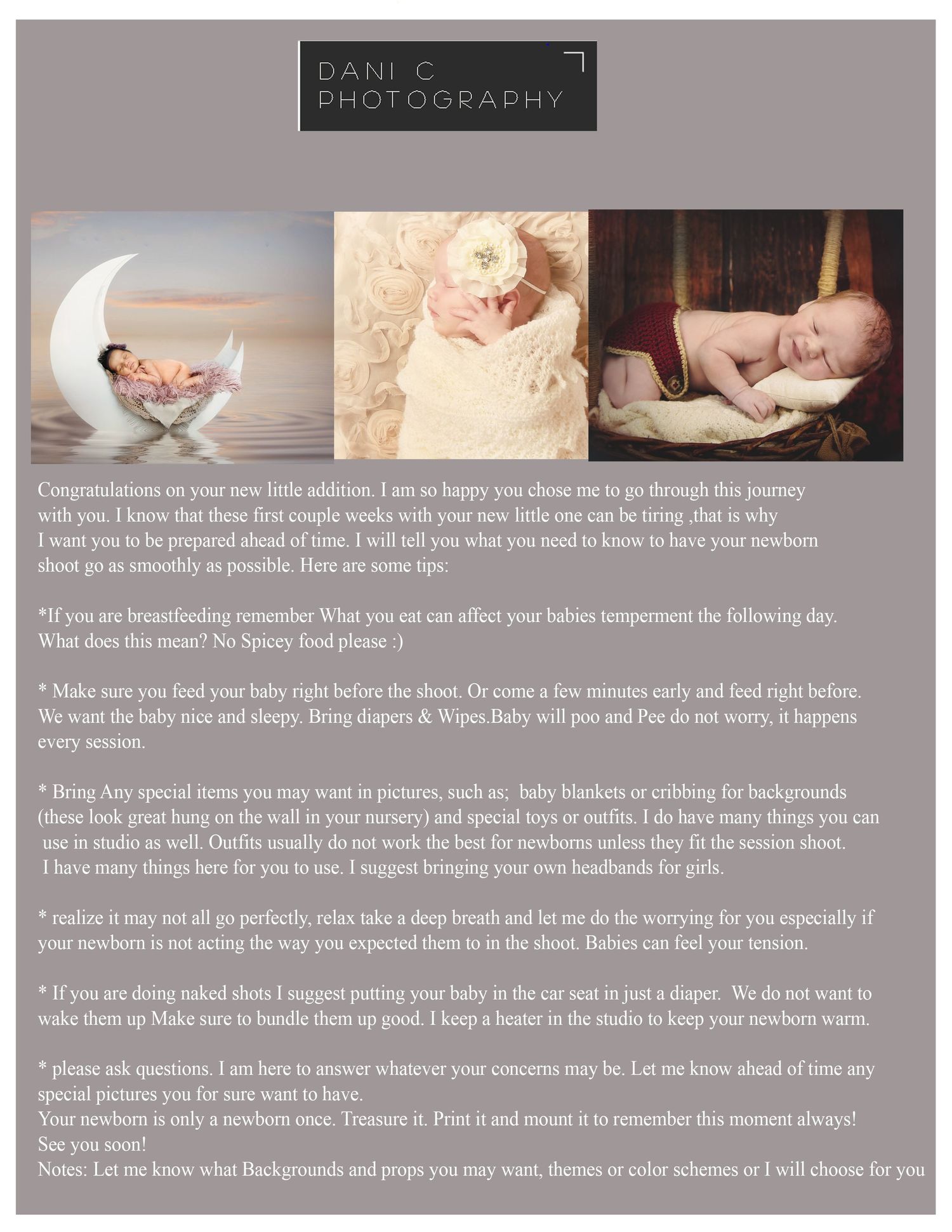 Professional photography pricing guide with sample images and text layout.