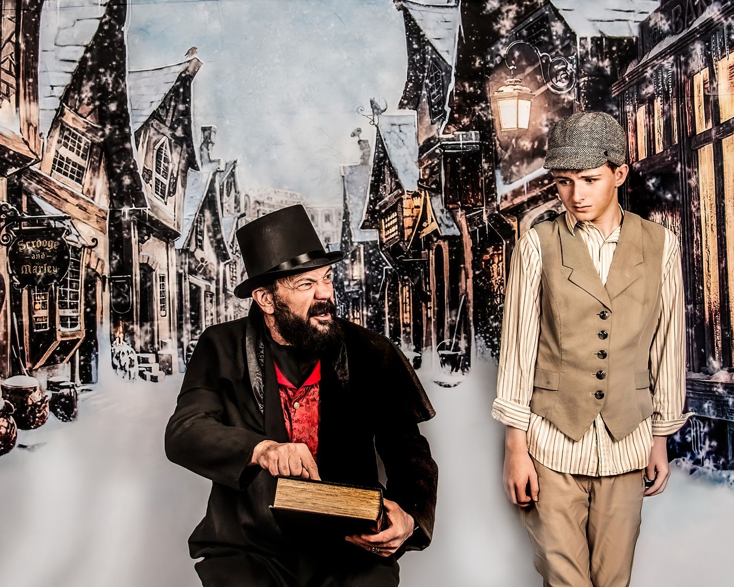 Two people in vintage-inspired attire walk through a snowy winter scene with dramatic lighting and atmosphere.
