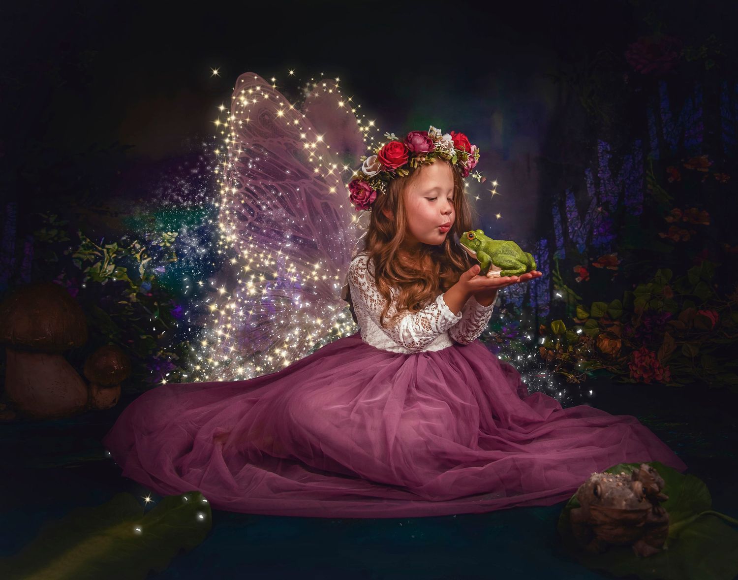 Magical fairy tale scene with sparkles and a frog prince in a garden setting.
