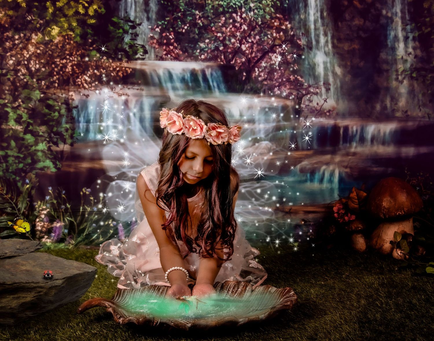 Enchanted forest scene with waterfalls, cherry blossoms, and magical glowing effects.