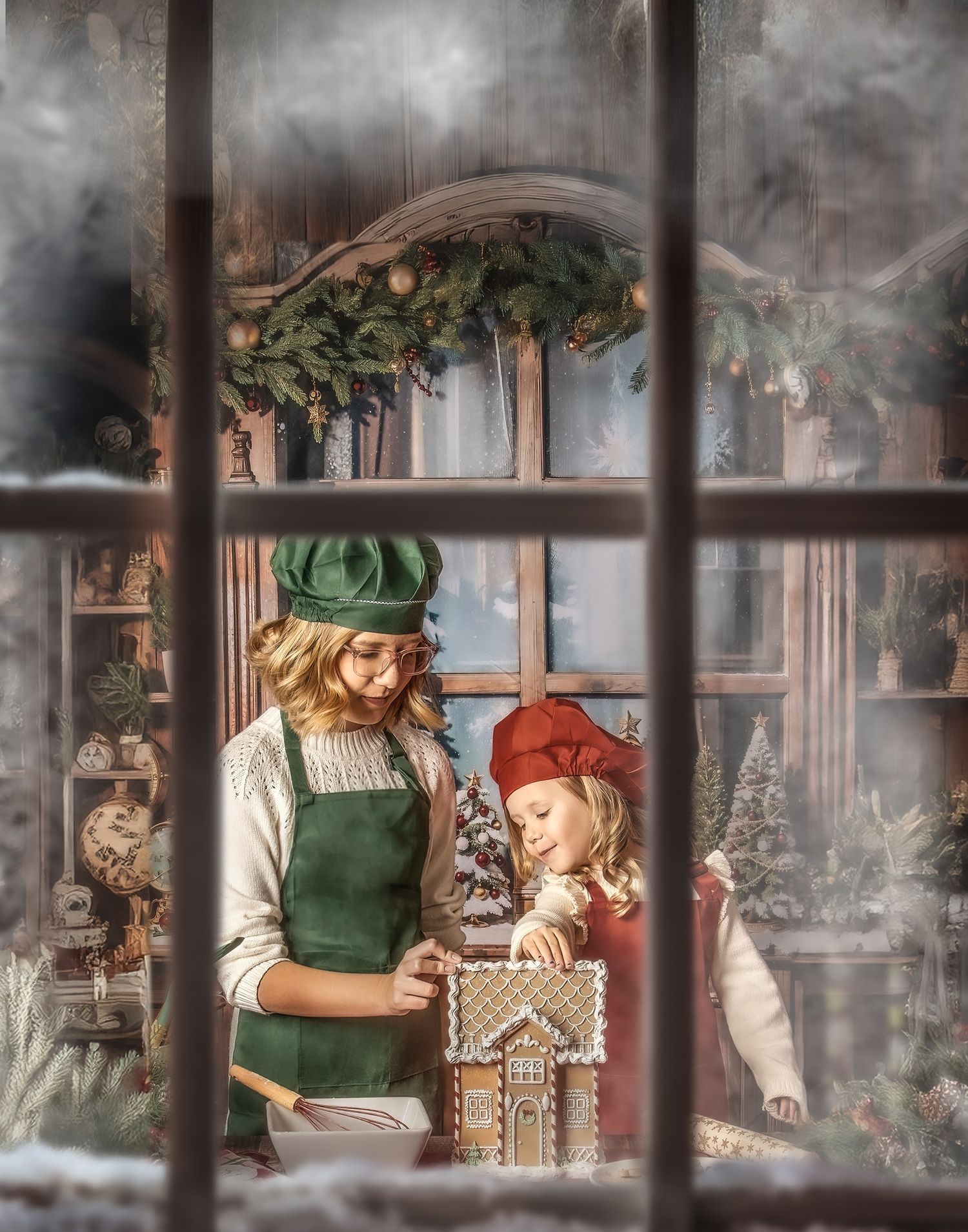 Two people in traditional dress work together to decorate a festive gingerbread house with icing during holiday season.