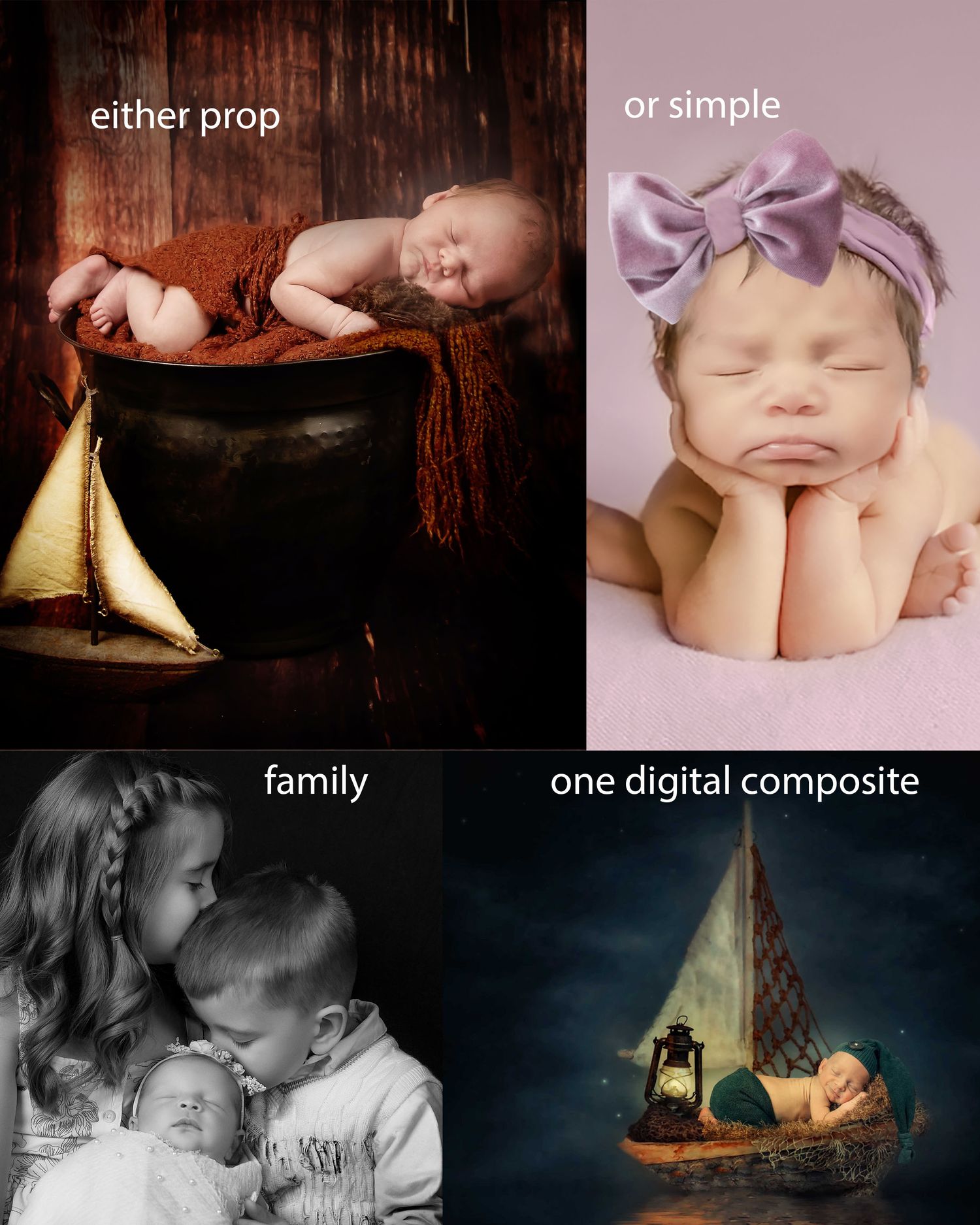 Collage of newborn photography options: prop, simple, family, and digital composite sailboat scenes.
