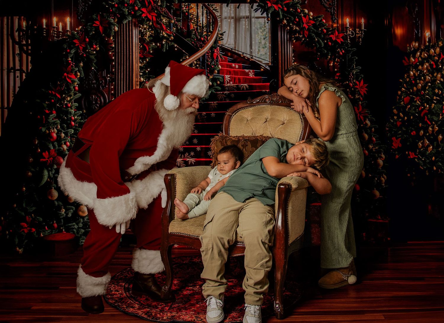 A series of festive Christmas photos with Santa Claus and children sitting on stairs decorated with red lights and garland.