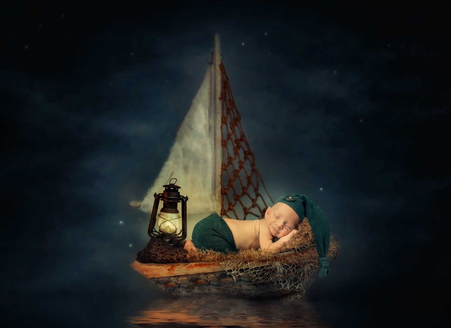 Magical nighttime scene with wooden boat, glowing lantern and dreamy lighting.