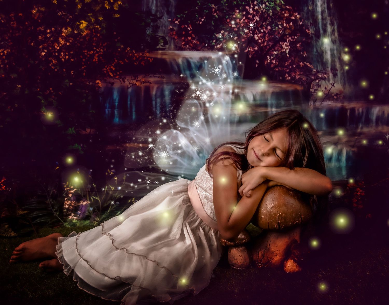 Dreamy fantasy portrait with magical sparkles and a teddy bear against a waterfall backdrop.