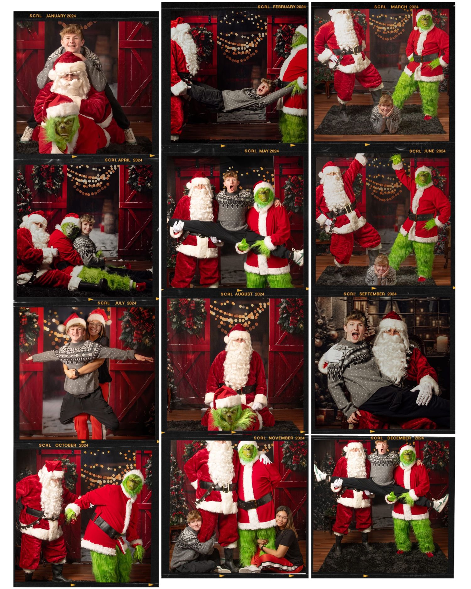 Holiday-themed photo session featuring festive red and green characters posing together against a decorated backdrop.