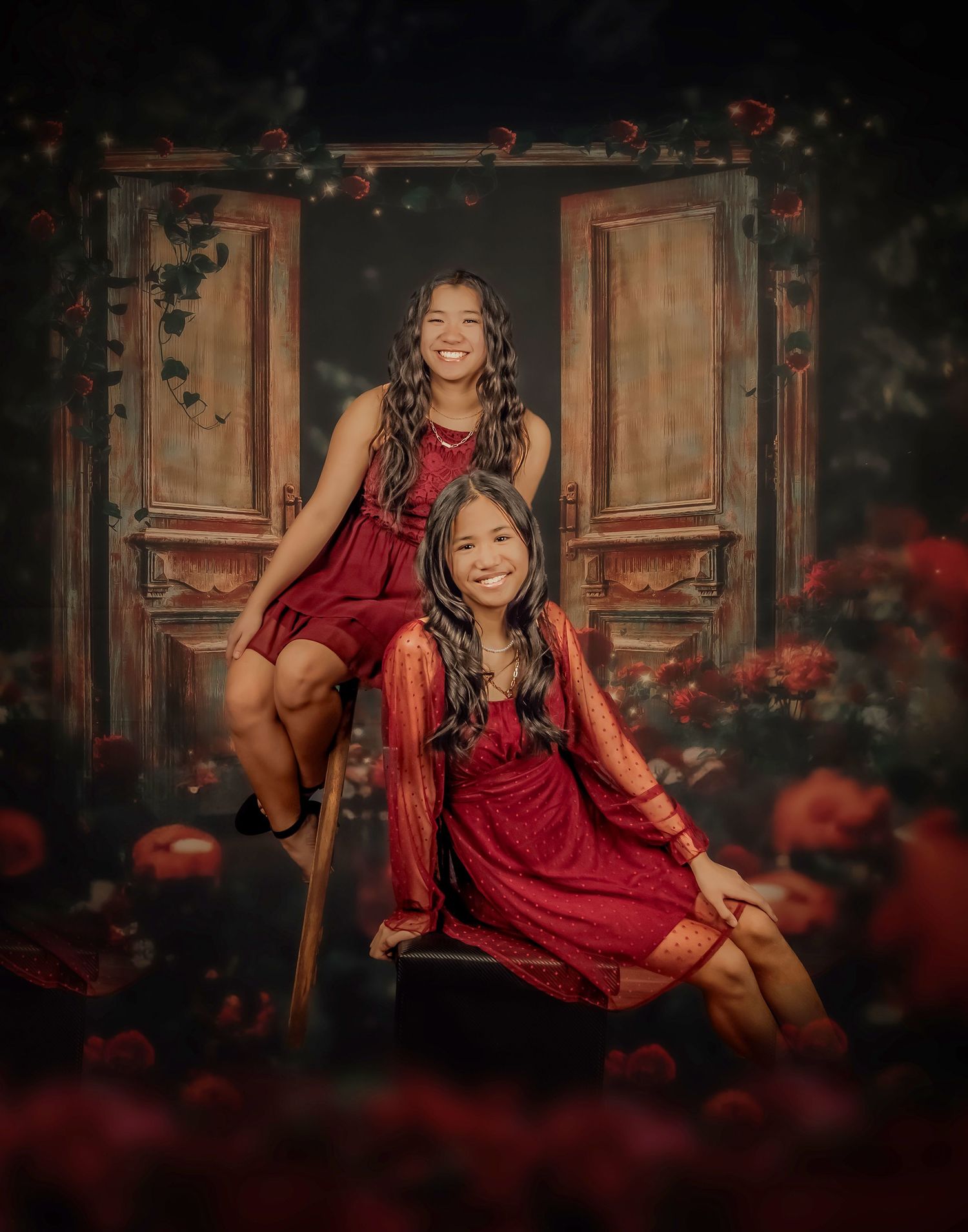 Artistic portrait in dark moody setting with vintage wooden doors, red dresses and floral elements creating dramatic atmosphere.