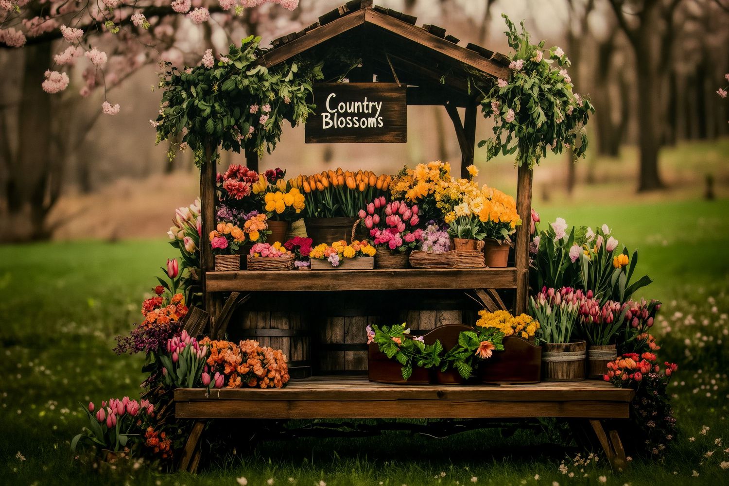 Rustic wooden flower stand labeled Country Blossoms displaying colorful tulips and spring blooms outdoors.