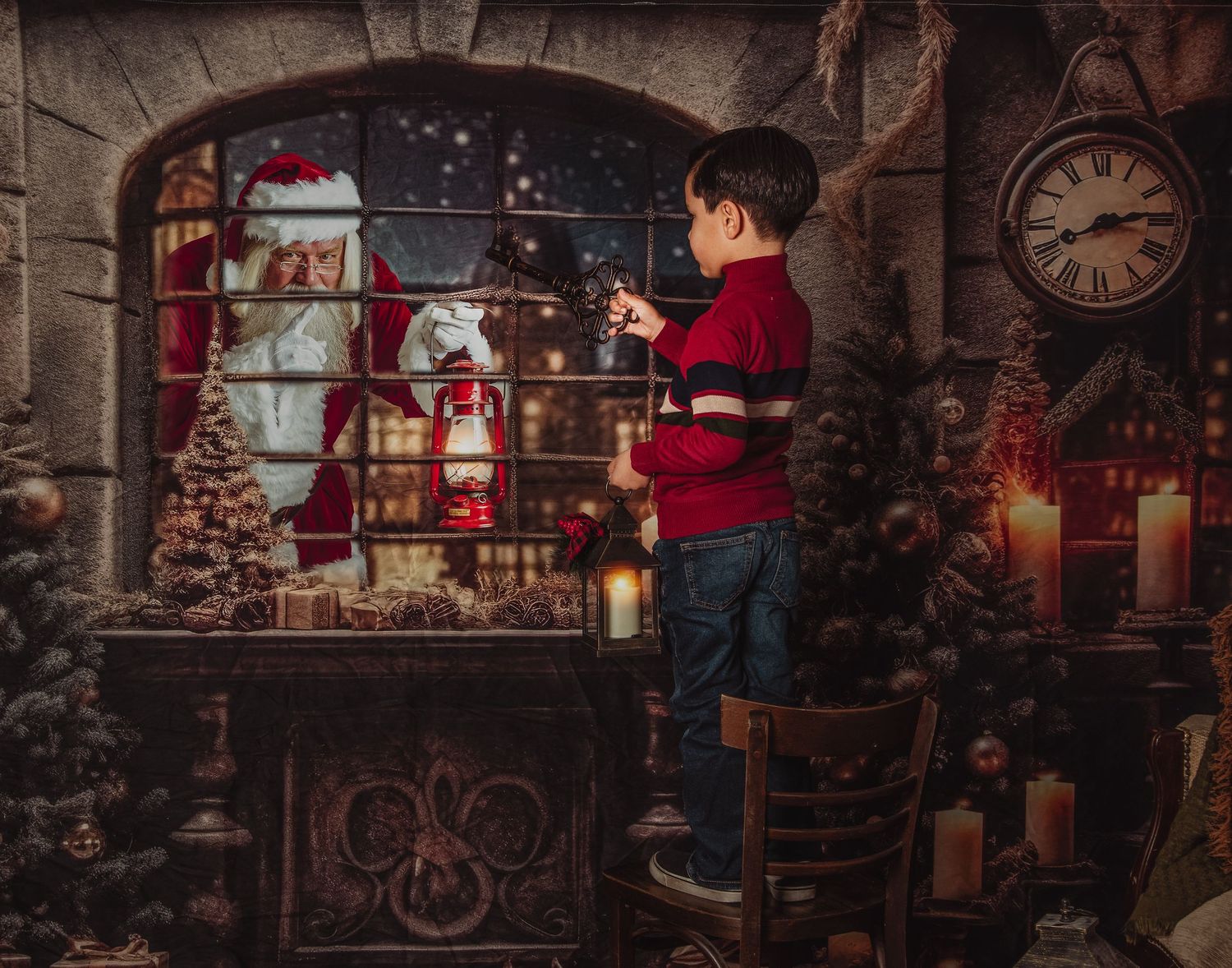 Cozy Christmas scene with vintage clock, wrapped presents, and warm glowing lantern in rustic holiday setting.