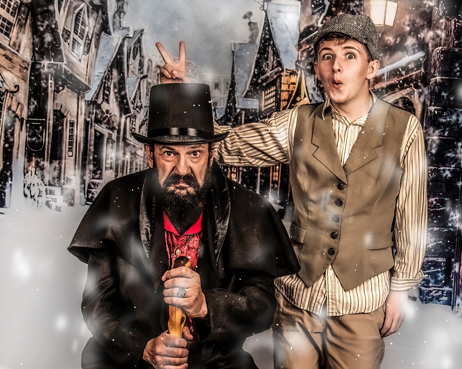 A group of people dressed in Victorian-era costumes pose in a dimly lit setting with vintage decor and props.